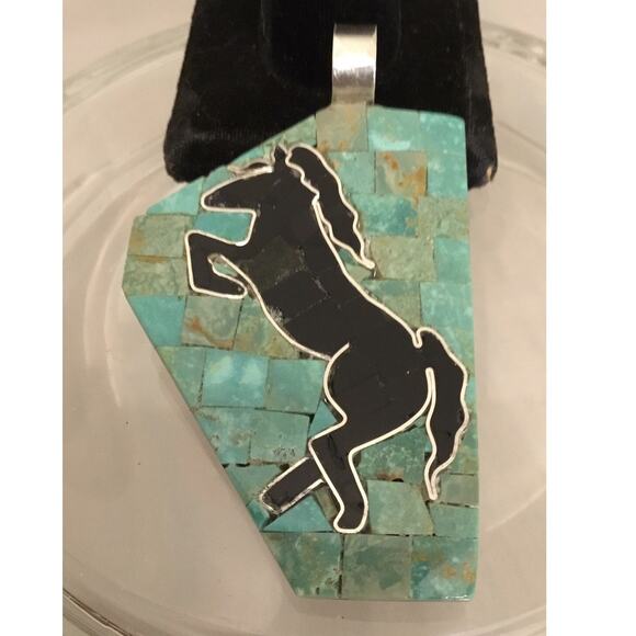 Turquoise Pen Shell Santo Domingo HORSE Inlay/Mosaic PENDANT by Ray Rosetta - Picture 1 of 3